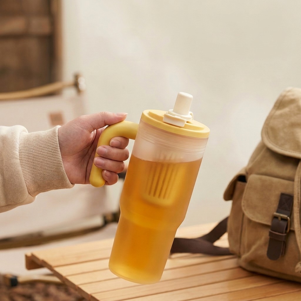 Portable Travel Kettle - Transparent Plastic Water Cup With Straw&Strainer