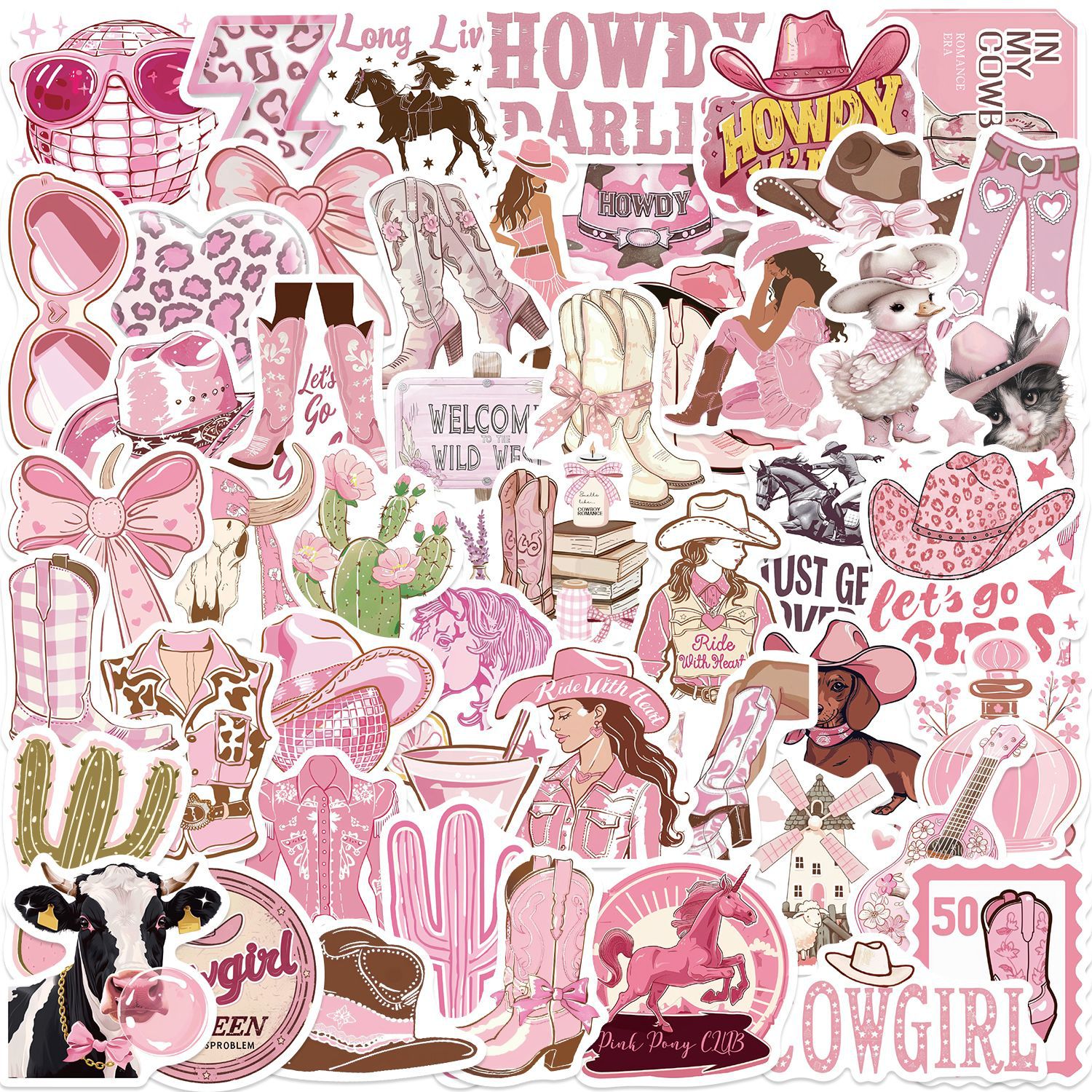 Sticker Luggage Decorative - 50 Cowgirl Series Decorative Pink Stickers